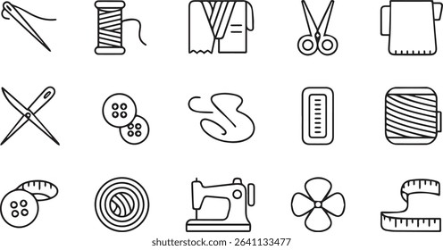 Essential Sewing Tools and Equipment Icons for Tailoring and Fashion Design