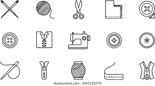 Essential Sewing Tools and Equipment Icons for Tailoring and Fashion Design