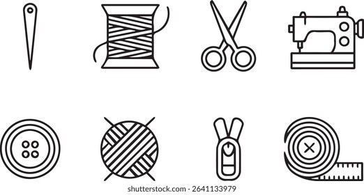Essential Sewing Tools and Equipment Icons for Tailoring and Fashion Design