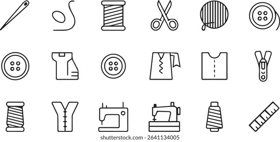 Essential Sewing Tools and Equipment Icons for Tailoring and Fashion Design