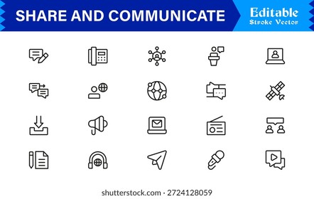Essential Share and Communicate Line Icon Pack with Professional Minimalist Style and Editable Pixel-Perfect Vectors for Modern Digital Projects