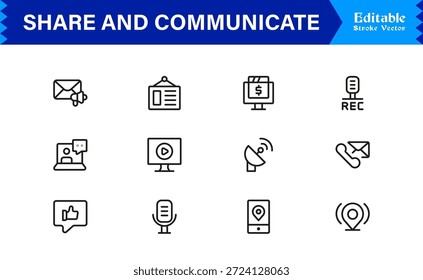 Compartir esencial y paquete de iconos de línea de comunicación con estilo minimalista de Profesional y Vectores editables de píxeles perfectos para proyectos digitales modernos