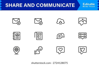 Essential Share and Communicate Line Icon Pack with Professional Minimalist Style and Editable Pixel-Perfect Vectors for Modern Digital Projects