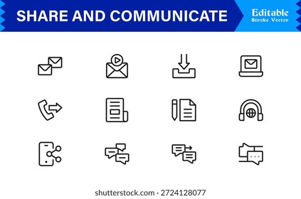 Compartir esencial y paquete de iconos de línea de comunicación con estilo minimalista de Profesional y Vectores editables de píxeles perfectos para proyectos digitales modernos