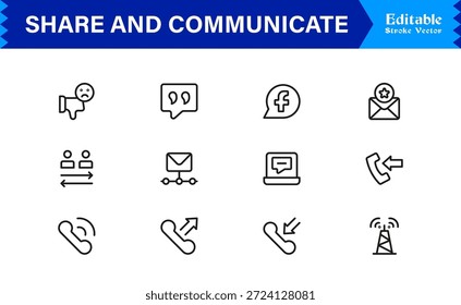 Compartir esencial y paquete de iconos de línea de comunicación con estilo minimalista de Profesional y Vectores editables de píxeles perfectos para proyectos digitales modernos