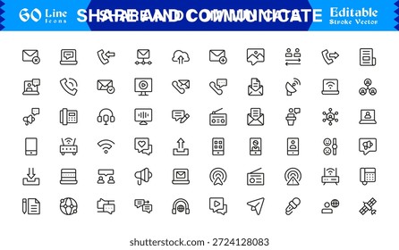 Essential Share and Communicate Line Icon Pack mit professionellem minimalistischem Stil und bearbeitbaren Pixel-perfekten Vektorgrafiken für moderne digitale Projekte