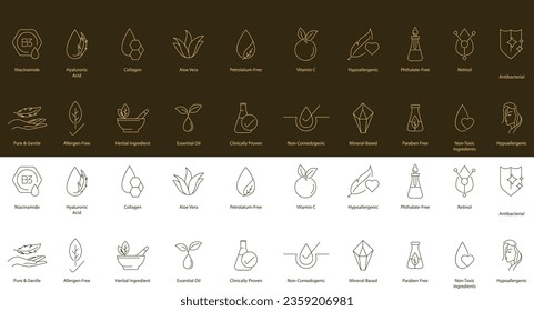 Essential Skincare Ingredients Icons: Niacinamide, Hyaluronic Acid, Ceramides, AHA, BHA, Retinol, Salicylic Acid - Vector Illustrations for Beauty and Wellness