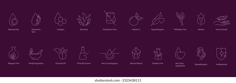 Wichtige Bestandteile der Hautpflege: Vektorsymbole, die Niacinamid, Hyaluronsäure, Kollagen, Aloe Vera, Vitamin C, Retinol, Omega-3, nicht-komedogen, AHA, BHA, Salicylsäure, Paraben-frei repräsentieren