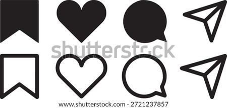 Essential social media interface icons such as bookmark, heart, speech bubble, and share, shown in both filled and outline versions.