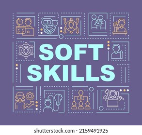 Essential soft skills word concepts dark purple banner. Solving problems. Infographics with icons on color background. Isolated typography. Vector illustration with text. Arial-Black font used
