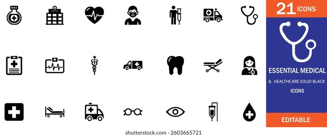 Essential solid black medical icons including hospital, doctor, ambulance, dental, emergency care and healthcare tools. Clean, editable, and perfect for apps, UI, infographics, or branding.