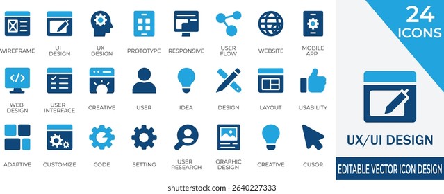 Essential solid icon set for UX or UI designers featuring wireframes, prototypes, and interfaces. Perfect for illustrating user experience, mobile apps, and web design processes.