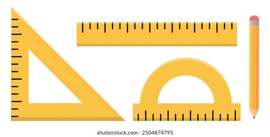 Essential Stationery Tools for Precision Tasks Includes Ruler, Protractor, and Triangle