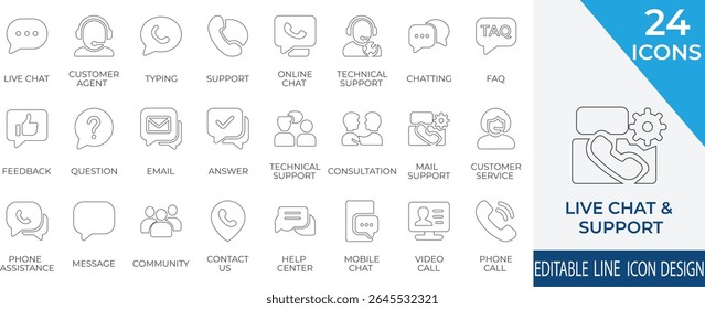 Essential stroke icons representing live chat, technical support, and customer service. Perfect for websites, mobile apps, and communication-based platforms.