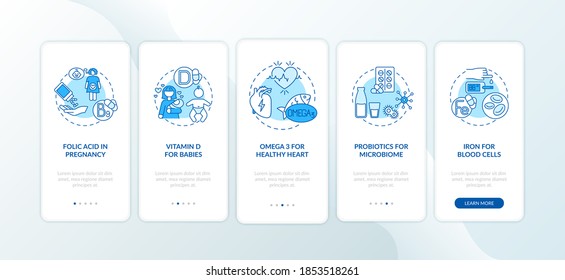 Complementos esenciales en la pantalla de la aplicación móvil con conceptos. Vitamina D para bebés, probióticos recorriendo 5 pasos de instrucciones gráficas. plantilla de vector de interfaz de usuario con ilustraciones de color RGB