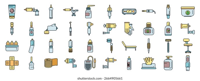 Suministros esenciales para el tatuaje, con tintas, máquinas, agujas y productos de cuidado posterior, asegurando una experiencia de tatuaje segura y artística
