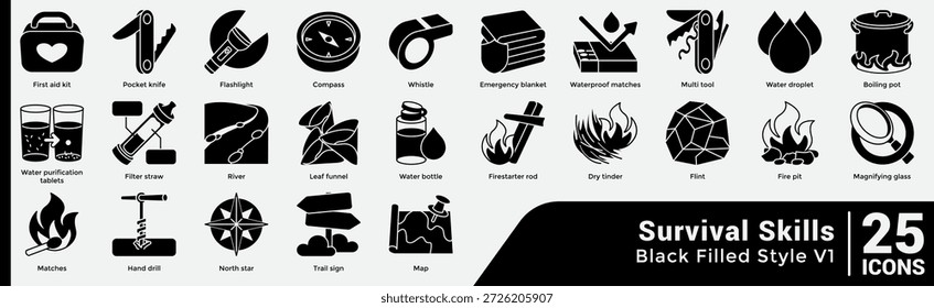 Essential Survival Tools Bundle oferece 25 ícones-chave para kits de segurança, fogo-making, navegação e prontidão ao ar livre. Estilo de preenchimento preto.