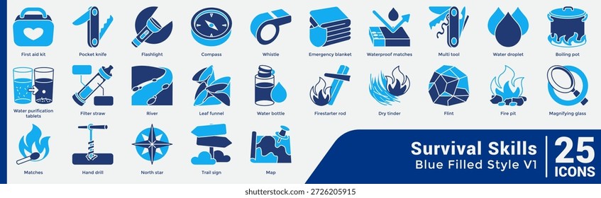 Essential Survival Tools Bundle oferece 25 ícones-chave para kits de segurança, fogo-making, navegação e prontidão ao ar livre. Estilo de linha azul.