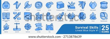 Essential Survival Tools Bundle offers 25 key icons for safety kits, fire-making, navigation, and outdoor readiness. Blue style.