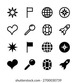 Símbolos Essenciais Sólido e Conjunto de Ícones de Linha - Star Heart Globe Diamond Pin Rocket Elements