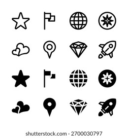 Símbolos Essenciais Sólido e Conjunto de Ícones de Linha - Star Heart Globe Diamond Pin Rocket Elements