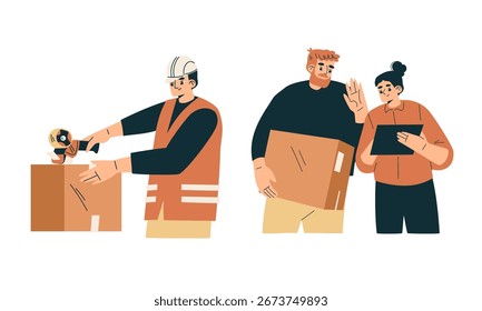 Essential Teamwork for Unpacking and Organizing Boxes A Scene in a Modern Workplace Setting
