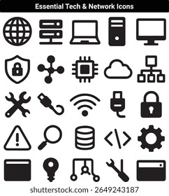 Essential Tech and Network Icons for IT, Cybersecurity, and Web Tools