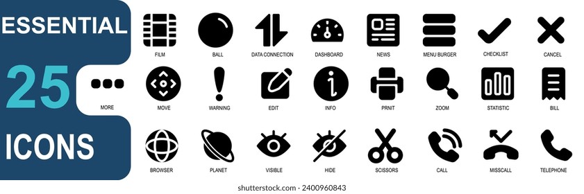 conjunto de iconos de tema esencial.gyph style.contiene advertencias,edit,info,print,search,mueva,statistics,bill,browser,phone,eye.vector collection.para diseño web y ui.