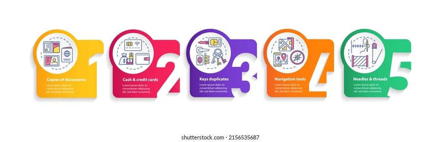 Essential things to pack circle infographic template. War actions. Data visualization with 5 steps. Process timeline info chart. Workflow layout with line icons. Myriad Pro-Bold, Regular fonts used