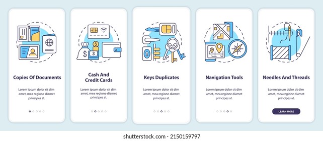 Essential things to pack onboarding mobile app screen. War actions walkthrough 5 steps graphic instructions pages with linear concepts. UI, UX, GUI template. Myriad Pro-Bold, Regular fonts used