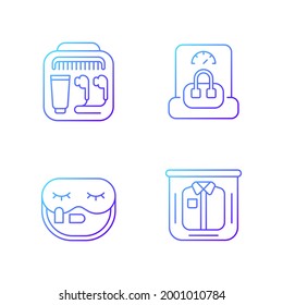 Essential things for travelling gradient linear vector icons set. Portable handbang. Clothing packing. Thin line contour symbols bundle. Isolated vector outline illustrations collection