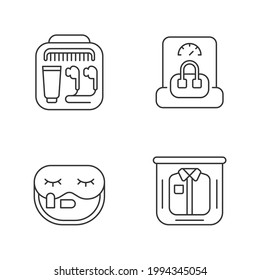 Essential things for travelling linear icons set. Portable handbang. Clothing packing. Mini size objects. Customizable thin line contour symbols. Isolated vector outline illustrations. Editable stroke