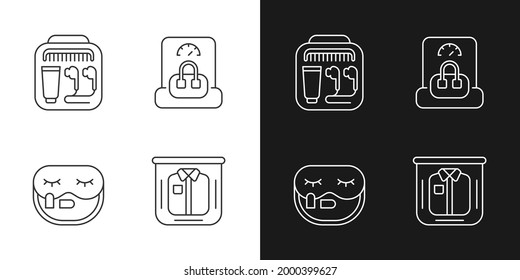 Essential things for travelling linear icons set for dark and light mode. Portable handbang. Clothing packing. Customizable thin line symbols. Isolated vector outline illustrations. Editable stroke