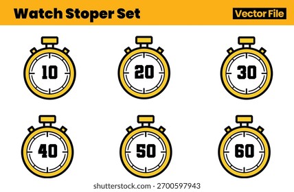Essential Timer Icon Pack com seis cronômetros exibindo intervalos de tempo sequenciais Ideal para gráficos de produtividade