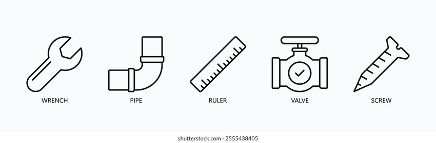 Essential Tools And Components For Mechanical Work Icon Set Vector Illustration Concept With Icon Of Wrench, Pipe, Ruler, Valve, Screw In Outline Style