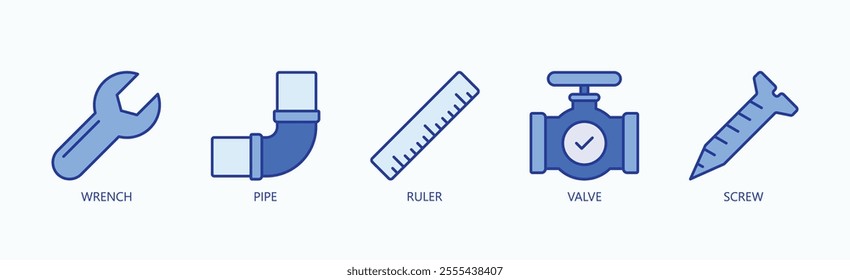 Essential Tools And Components For Mechanical Work Icon Set Vector Illustration Concept With Icon Of Wrench, Pipe, Ruler, Valve, Screw In Blue Style