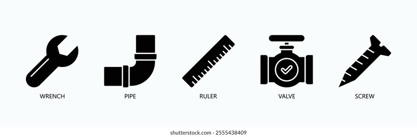 Essential Tools And Components For Mechanical Work Icon Set Vector Illustration Concept With Icon Of Wrench, Pipe, Ruler, Valve, Screw In Glyph Style