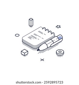 Essential tools for content creation. Featured are a notepad, a pen, and various geometric shapes, emphasizing the creative process. Modern isometric line art vector illustration