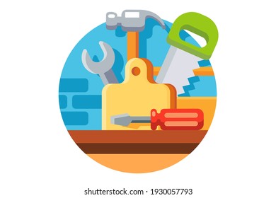 Essential tools for fixing vector illustration. Screwdriver, wrench, saw and hammer flat style. Construction and renovation instruments concept. Isolated on white background