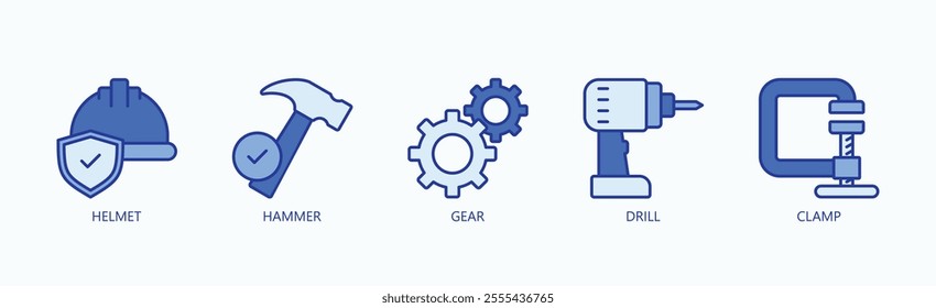 Essential Tools And Gear For Construction And Engineering Icon Set Vector Illustration Concept With Icon Of Helmet, Hammer, Gear, Drill, Clamp In Blue Style