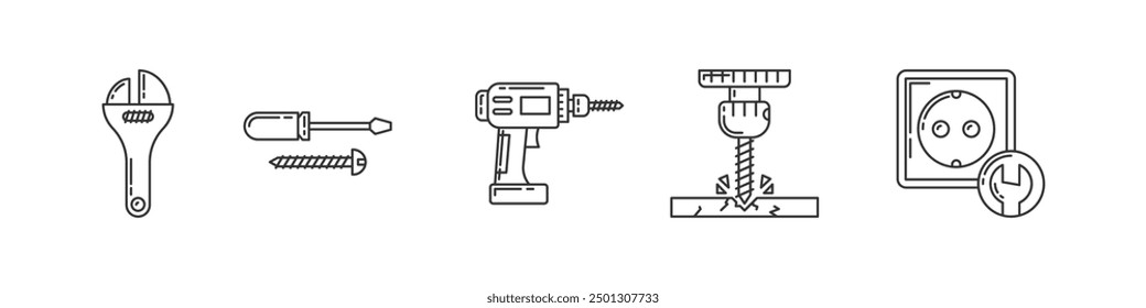 Herramientas esenciales para la renovación del hogar y proyectos de bricolaje. Llave, destornillador, taladro, taladro eléctrico y toma de corriente.