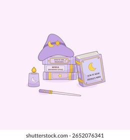 essential tools for novice witch lesson including magic books candle hat and magic wand, vector illustration