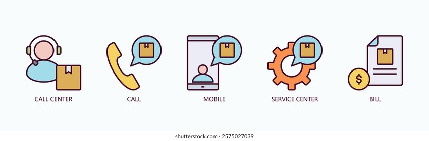 Essential Touchpoints Icon Set Isolated Vector With Icon Of Call Center, Mobile, Call, Service Center, Bill In Outline Color Style