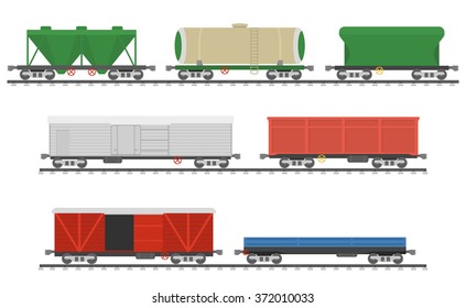 Essential Trains. Collection of freight railway cars. Isolated on white background. Vector illustration
