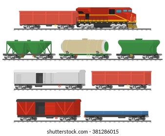 Essential Trains. Collection of freight railway cars. Isolated on white background. Vector illustration