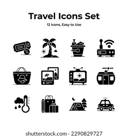 An essential travel icons collection with a island, beach bag, and cable car, indicating wanderlust, mobility, and adventure