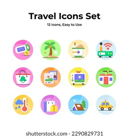 An essential travel icons collection with a island, beach bag, and cable car, indicating wanderlust, mobility, and adventure