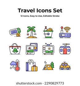 An essential travel icons collection with a island, beach bag, and cable car, indicating wanderlust, mobility, and adventure