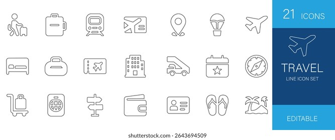 Essential Travel Line Icons for holiday, vacation and  tourism. Vector set incl. suitcase, airplane, map. Boost your travel app web design.