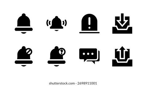 Conjunto de iconos de interfaz de usuario esencial - Elementos de aviso de alerta de campana y notificación de mensajes